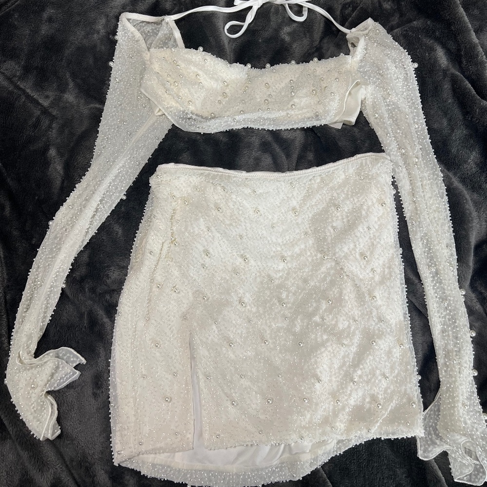 Oh Polly Cream Pearl-Embellished Long Sleeve Crop Top & Mini Skirt Set - Picture 3 of 8